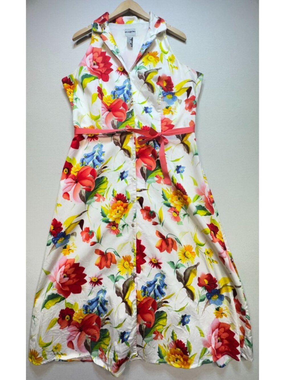 Perceptions Women's Button Front Mini Dress Tie Waist White Floral Sleeveless